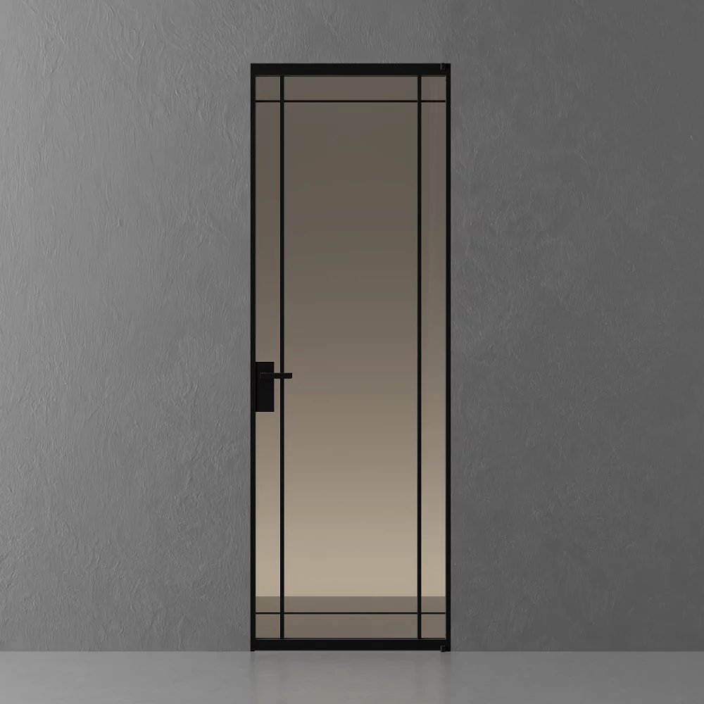 SLIM, Quattro model, translucent glass Trasparente Bronzo, hidden INVISIBLE door frame. Hidden door frame, aluminum canvas frame and handle in Dark Brown finish.