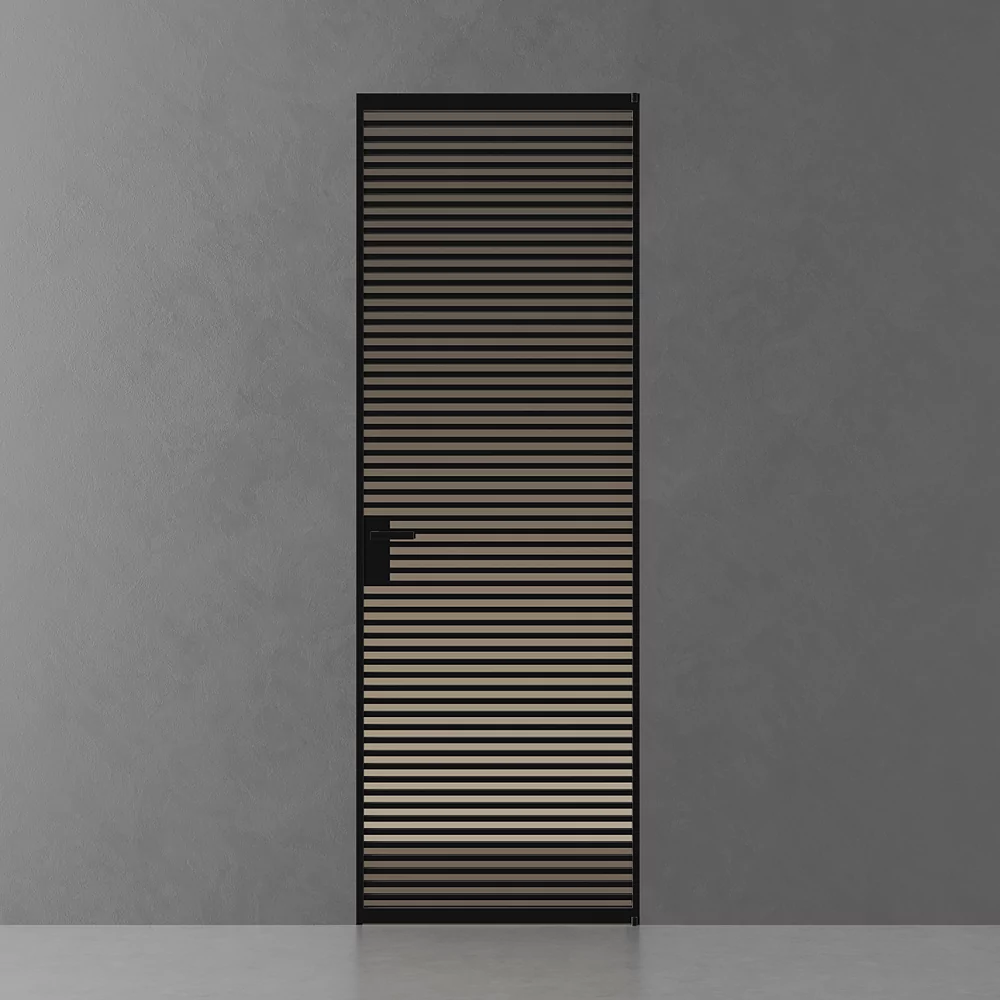 SLIM, Pulsar model, translucent Trasparente Bronzo glass, hidden INVISIBLE door frame. Hidden door frame, aluminum canvas frame and handle in Dark Brown finish.