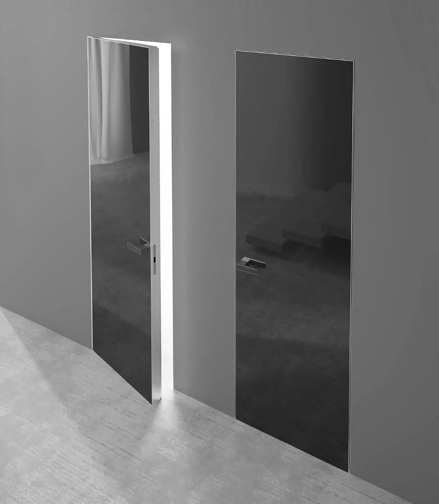 LAGO–60, glossy glass in Grafite color. Hidden door frame, aluminum canvas frame and handle in Chrome Matt finish.