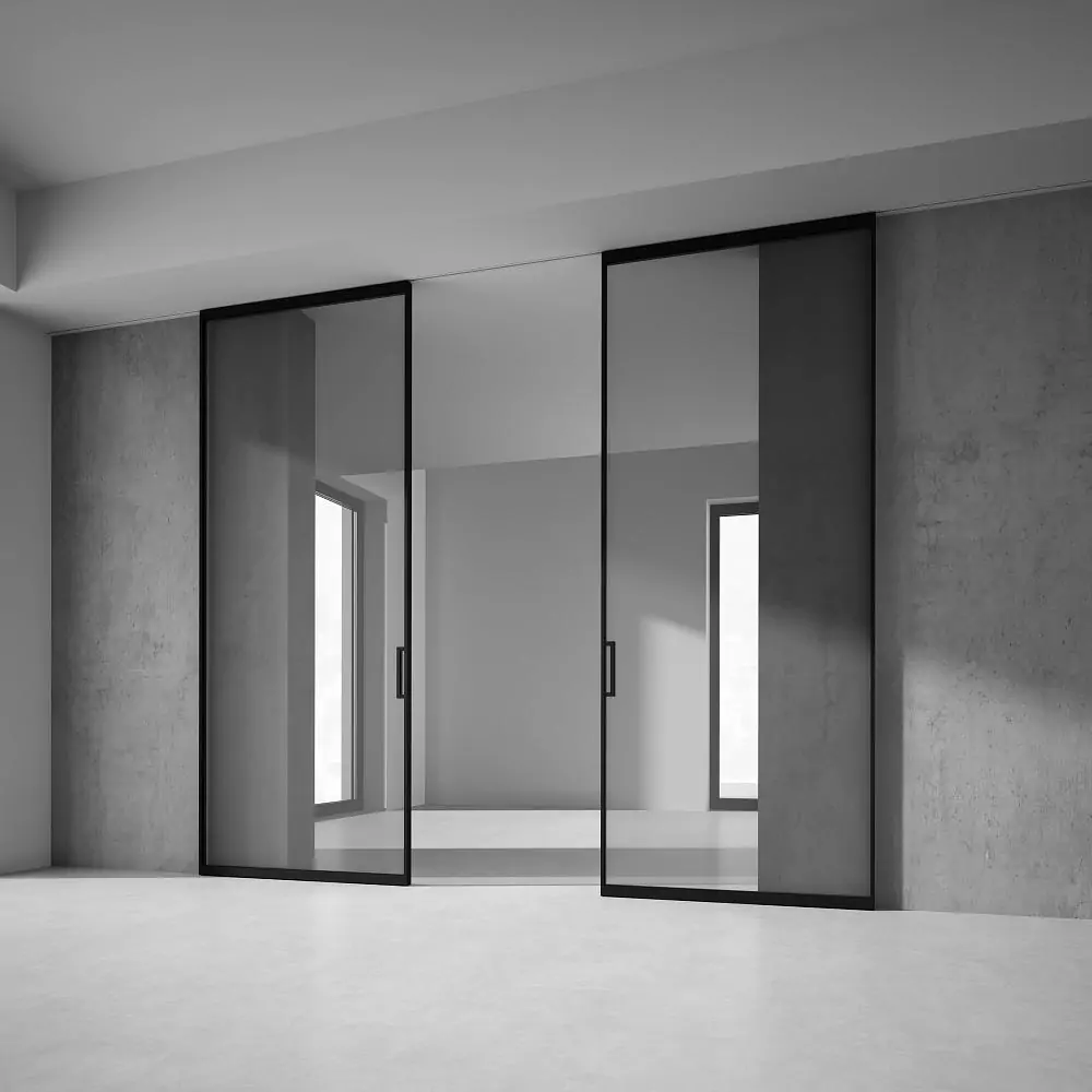 STRATUS-SLIM, translucent Trasparente Grafite glass, aluminum canvas frame in Black color. Sliding double-leaf partition along the wall, hidden track in the ceiling.