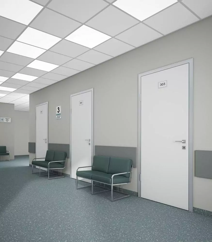 UNIX, decorative composite material HPL Bianco. Aluminum profile of the canvas and a frame with a trim in Chrome Matt color.