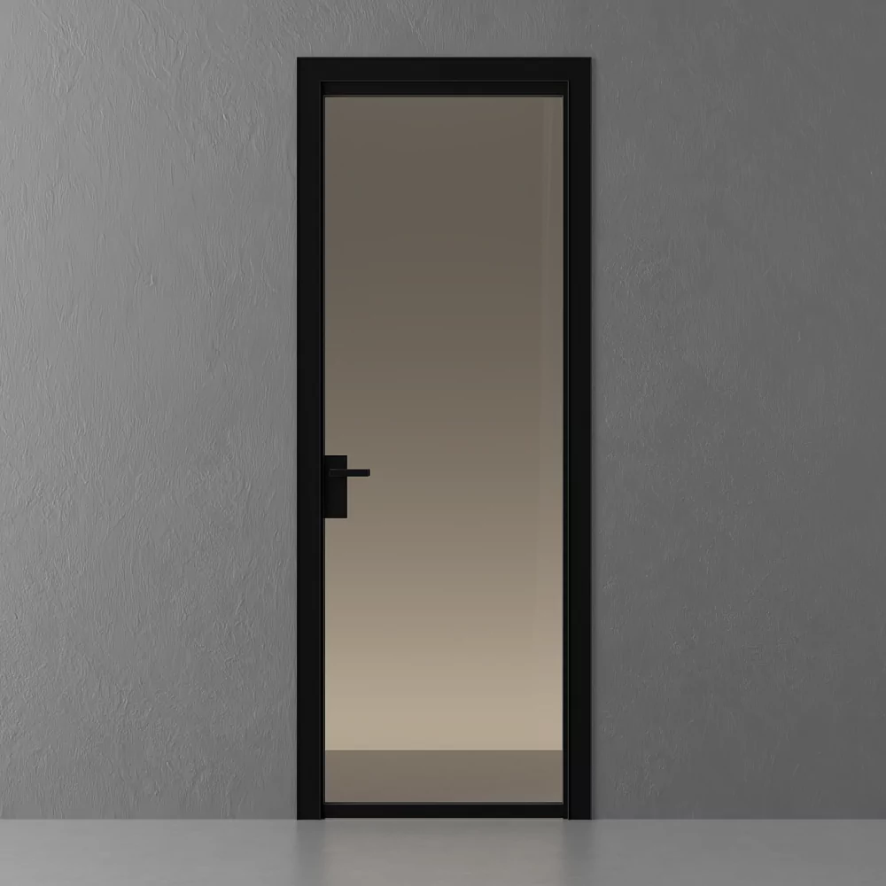 SLIM, Space model, translucent Trasparente Bronzo glass, PLANAR aluminum monoblock door frame. A monoblock door frame, an aluminum canvas frame and a handle in Dark Brown color. Platbands without insert.