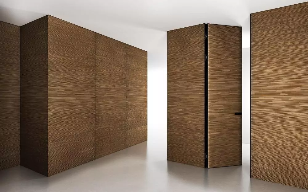 UNIFLEX-3D, Alu, Espirit model, natural veneer Noce Canaletto. Hidden box, aluminum end edge and handle in Black color. Wall panels COVER, Espirit. A variant of the door "under the ceiling".