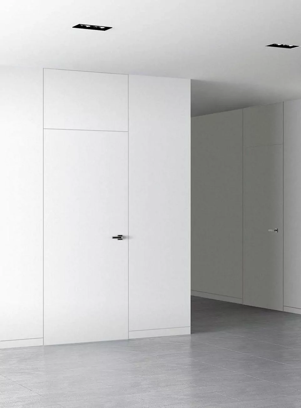 Doors with transom. FILO–60, Bianco matte enamel, hidden door frame in Chrome Matt finish.