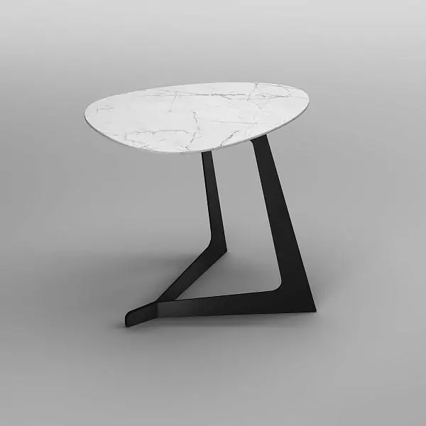 MOON side table. The table top is a universal composite wear–resistant material Marmo Bianco. Base: Steel – finish Black.