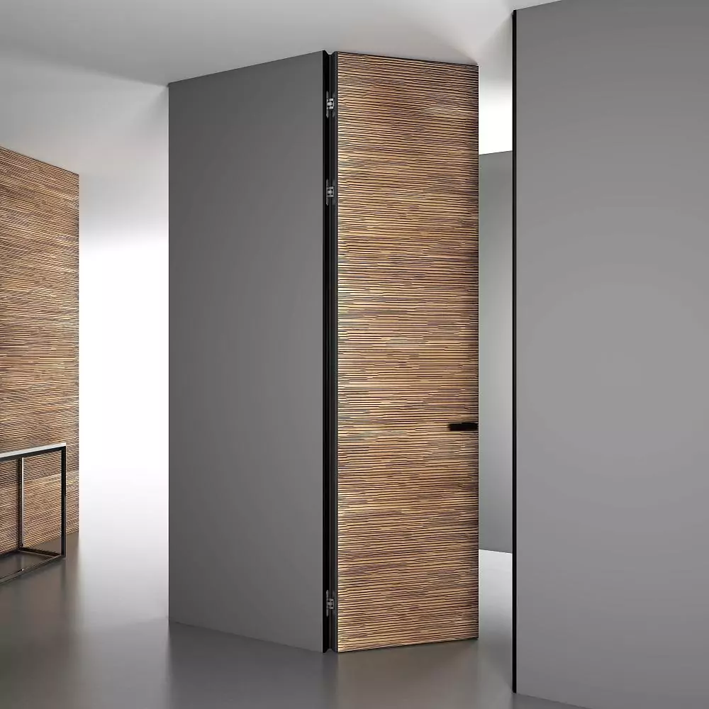 UNIFLEX–3D, Alu, Espirit model, natural veneer Noce Canaletto. Hidden door frame, aluminum end edge and handle in Black color. Wall panels COVER, Espirit. A variant of the door "under the ceiling".