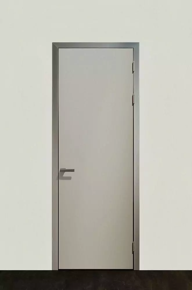 UNIX, matt enamel Grigio Seta. The aluminum profile of the canvas, the door frame with the platband and the handle are in Piombo color.
