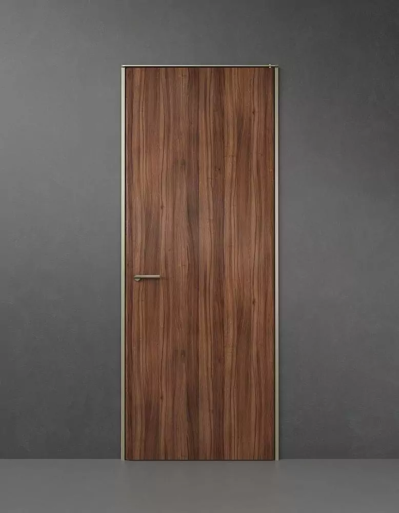 TONDA, natural veneer Noce Europeo, aluminum door frame and handle in Champagne color.