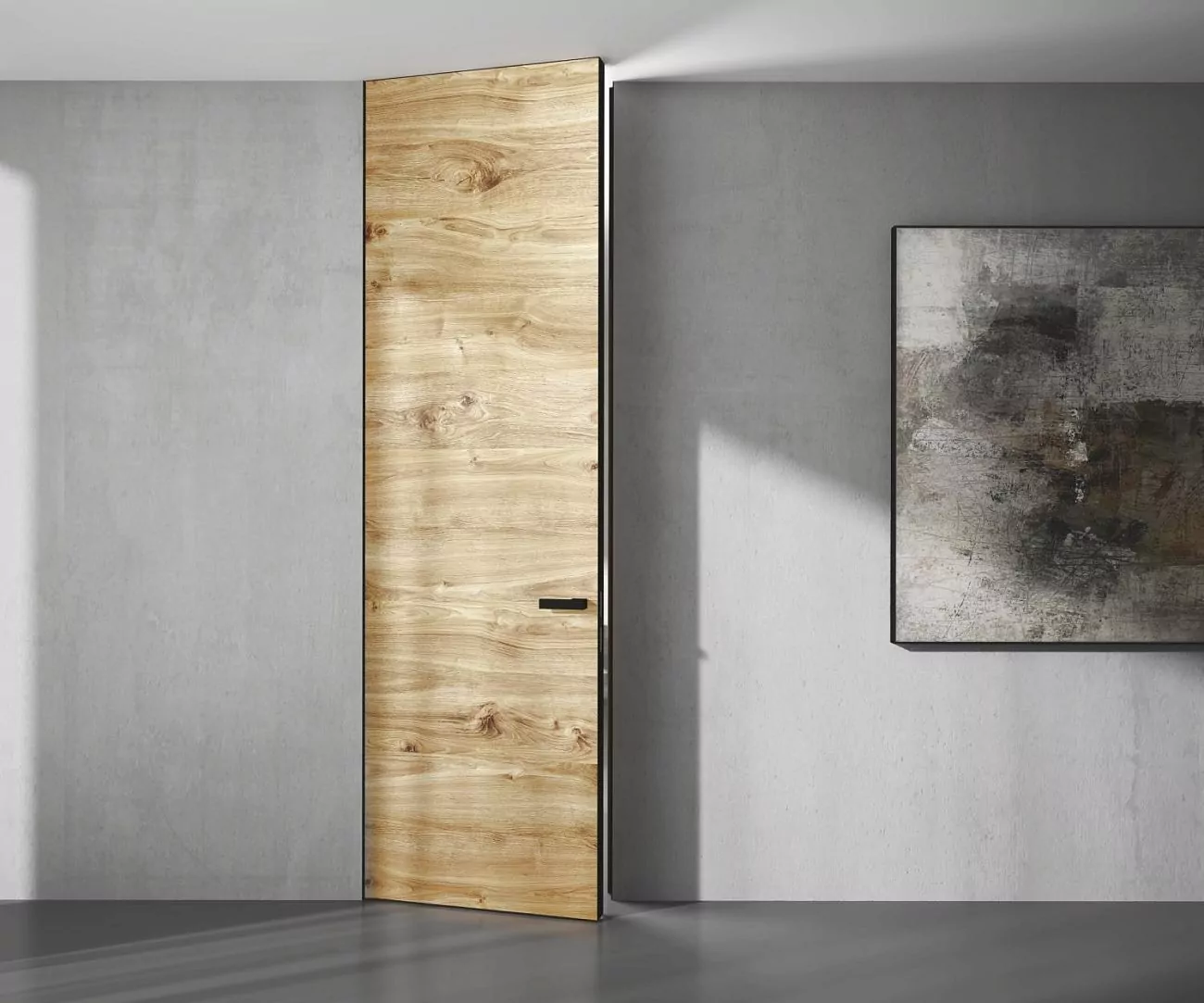 The door is "under the ceiling". FILO–60, Alu, Vento, natural veneer Rovere Antico. Hidden door frame, aluminum end edge and handle in Black finish.