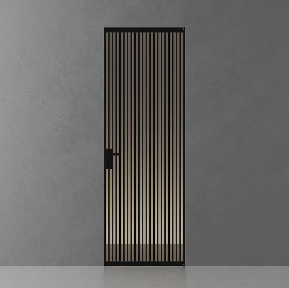 SLIM, Ritmo model, translucent glass Trasparente Bronzo, hidden INVISIBLE door frame. Hidden door frame, aluminum canvas frame and handle in Dark Brown finish.