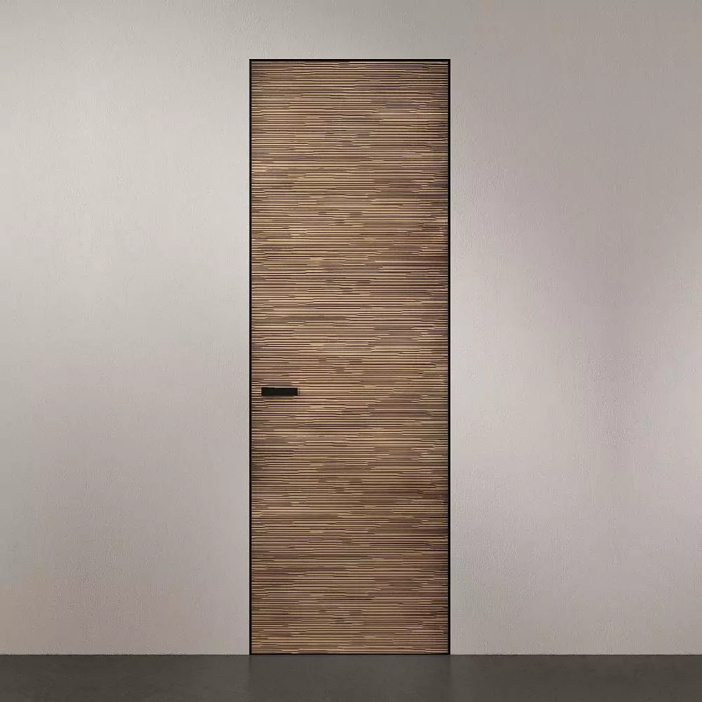UNIFLEX–3D, Alu, Espirit model, natural veneer Noce Canaletto. Hidden door frame, aluminum end edge and handle in Black color.