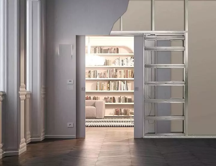 SLIDER, Fondo (primer for painting). Double–leaf door in ECLISSE pocket door, SYNTHESIS LINE®.