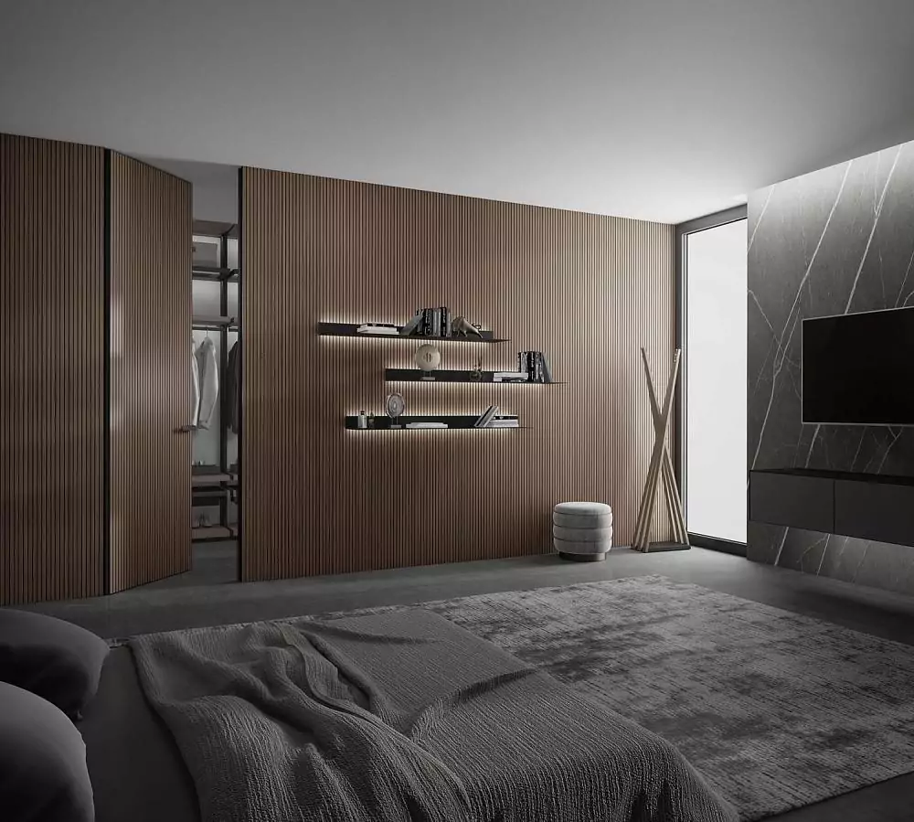 UNIFLEX–3D, Alu, Step model, natural veneer Noce Canaletto. Hidden door frame, aluminum end edge and handle in Black color. Wall panels COVER, Step. A variant of the door "under the ceiling".