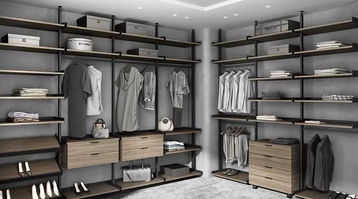 ALTO dressing room, aluminum in Dark Brown finish, shelves and dressers in Noce Tradizionale finish.