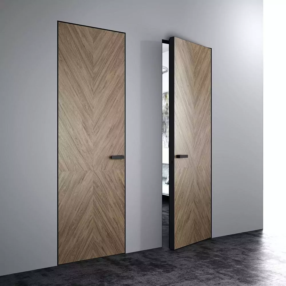FILO–60, Alu, Vox model, natural veneer Noce Europeo. Hidden door frame, aluminum end edge and handle in Dark Brown color.
