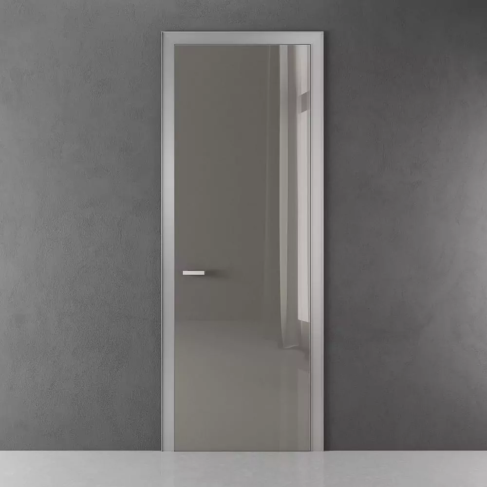 FILO–60, glossy enamel Grigio Seta, aluminum monoblock door frame in Chrome Matt finish. Platbands without insert.