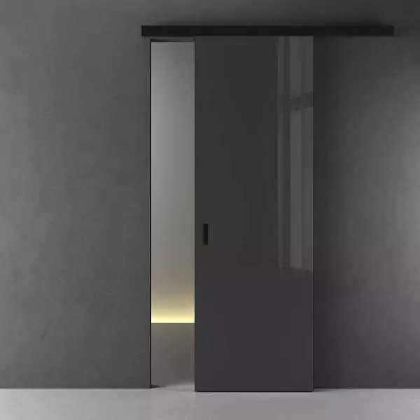 STRATUS-LAGO, glossy glass Glass Grafite, aluminum canvas frame in Black color. Sliding partition along the wall, the track is visible with a wall mount.