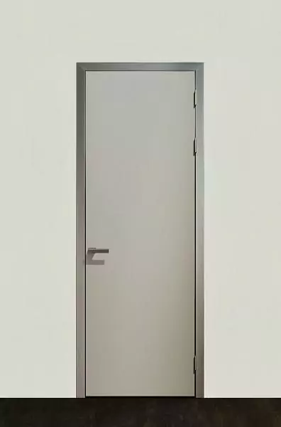 UNIX, matt enamel Grigio Seta. The aluminum profile of the canvas, the box with the platband and the handle are in Piombo color.