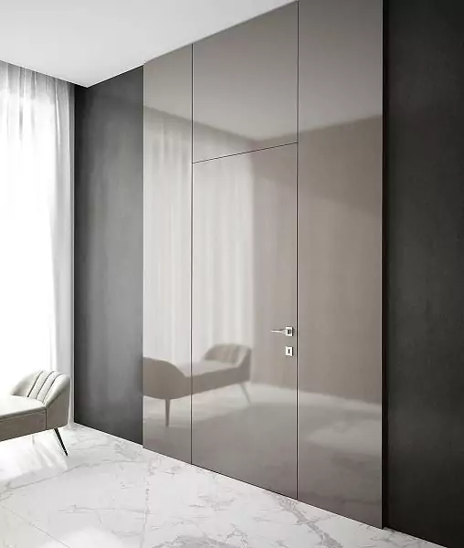 PIVOT–60, Tortora Gloss glossy enamel, hidden door frame in Chrome Matt finish.