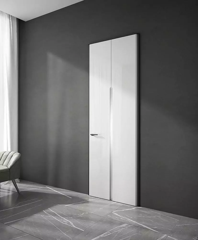 TONDA SV, glossy enamel Bianco Gloss, Satinato Bianco glass, aluminum door frame and handle in Black color.