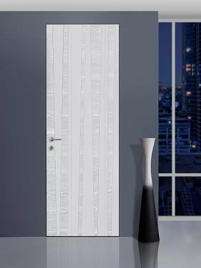 LINE–60, model 01, natural brushed veneer Frassino, matt enamel Bianco, hidden INVISIBLE door frame.