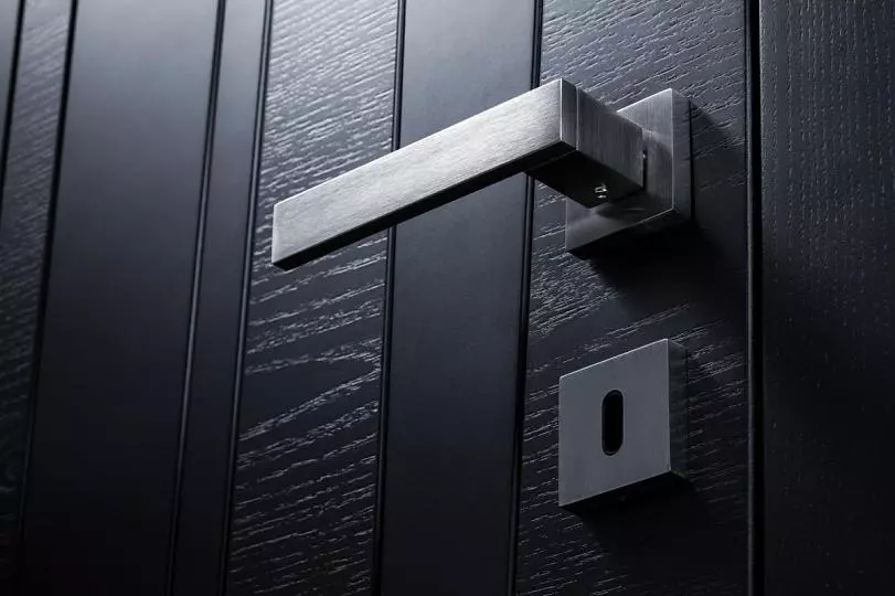 A fragment of the door. LINE, model 01, natural brushed veneer Frassino, matte enamel Nero.