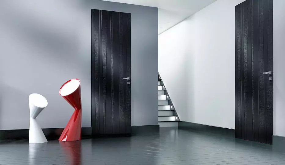 LINE-60, model 01, natural brushed veneer Frassino, matte enamel Nero, hidden INVISIBLE door frame.